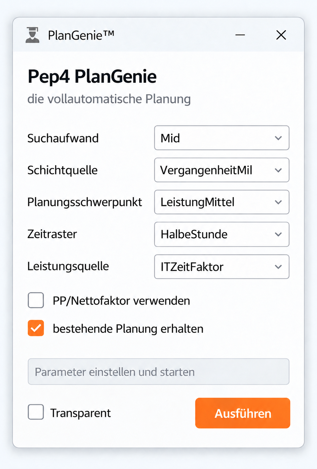PlanGenie™-Dialog als helles Mockup mit den Einstellungen für die automatische Planung